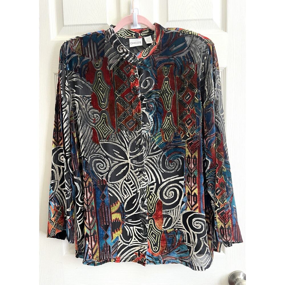 CHICO'S Vintage Silk Blend Velvet Burnout Abstract Artsy Button Blouse 2 Large